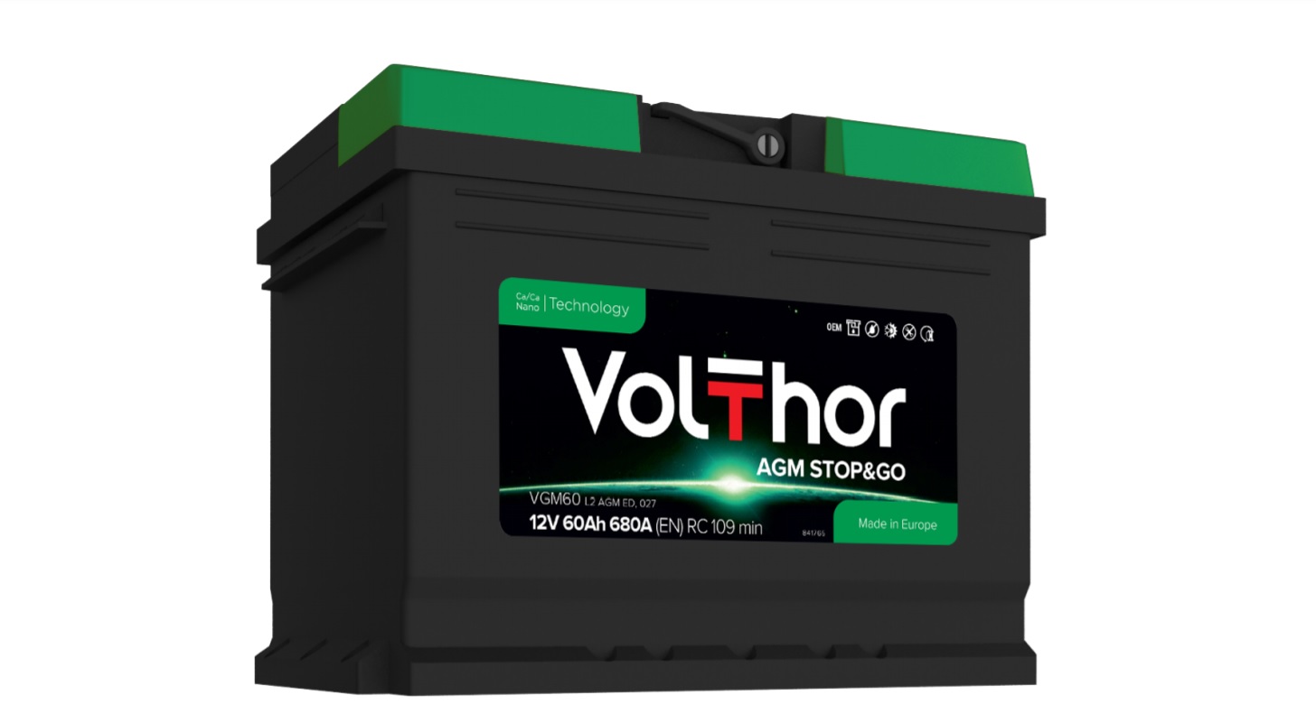 Акумулятор легковий VOLTHOR 6СТ-60(0) (680А) AGM STOP&GO 12B, 60Ah, 680A, плюс зправа (R+) AGM 242X175X190 мм